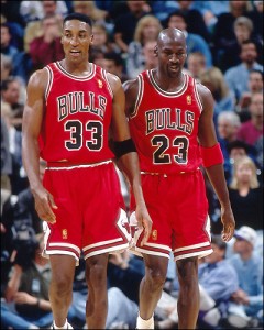 Scottie Pippen number 33 and teammate Michael Jordan number 23