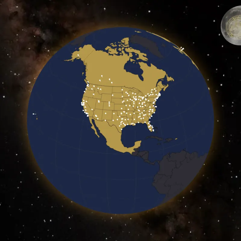 The Man Card member globe: gold countries with white pins on cities across the United States and Canada, and the moon behind.